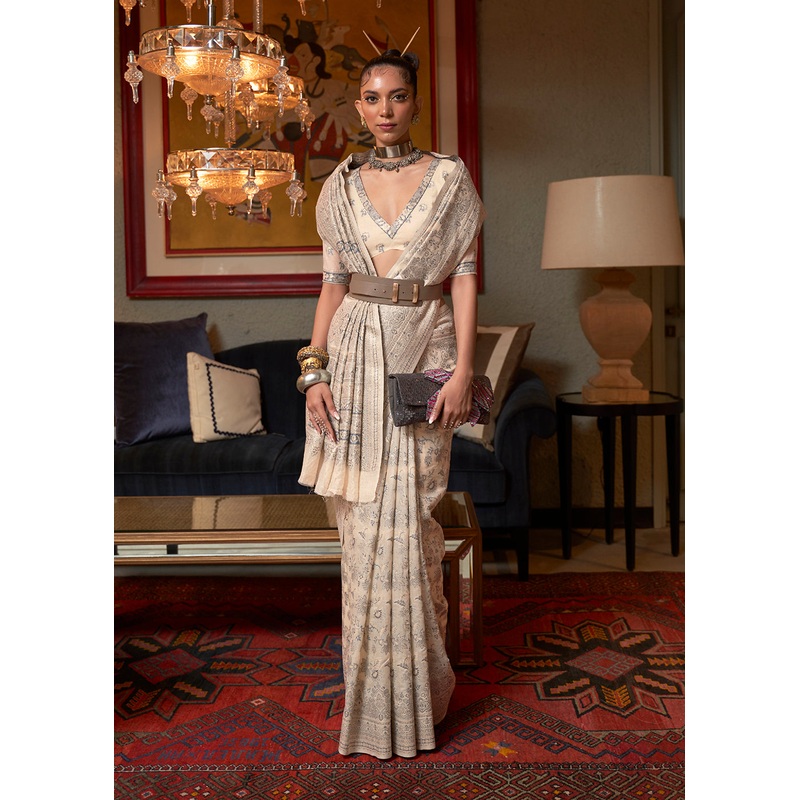 Vanilla Beige Woven Kashmiri Cotton Silk Saree