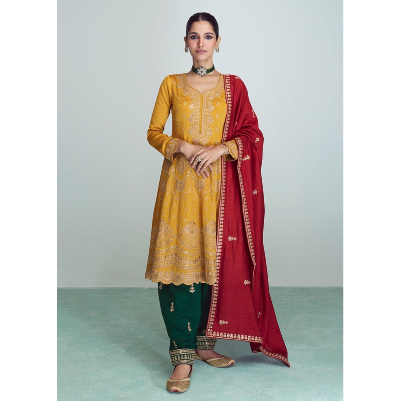 Yellow & Green Silk Embroidered Peplum Punjabi Style Suit