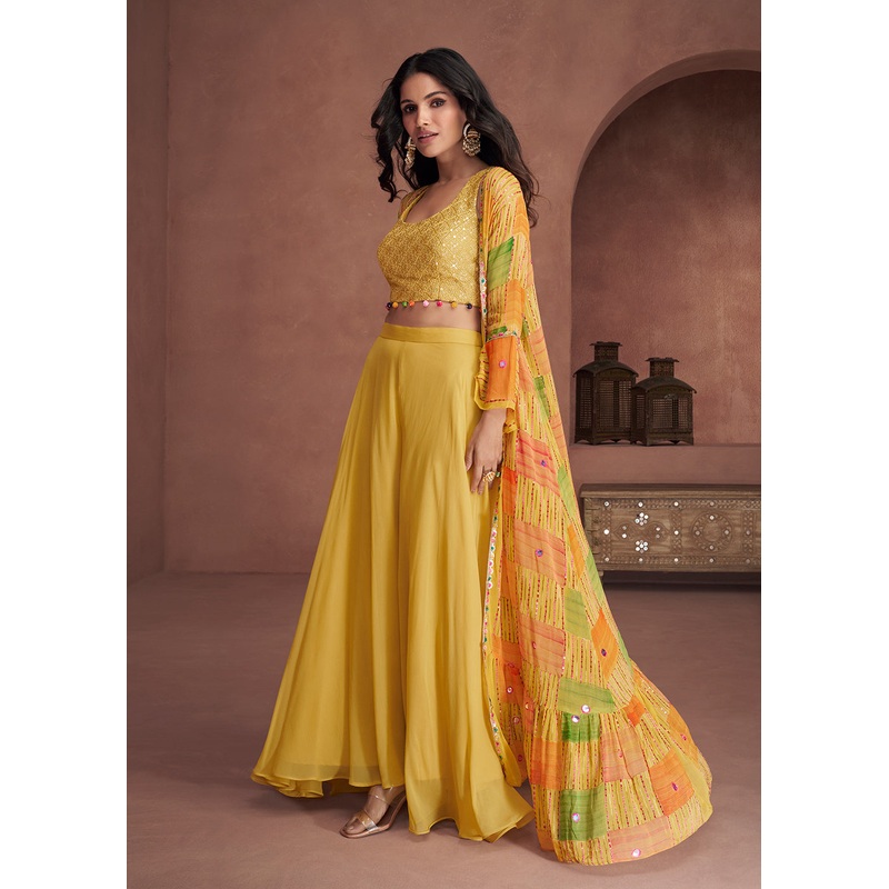 Yellow Jacket Style Sequins Work Indo Western Dress