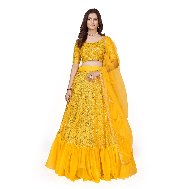 Yellow Multi Sequins Embroidered Party Wear Lehenga Choli