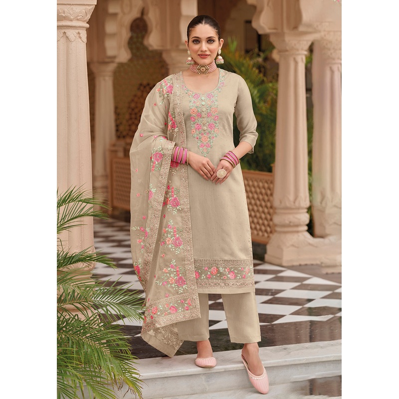 Beige Maheshwari Silk Embroidered Festive Salwar Suit