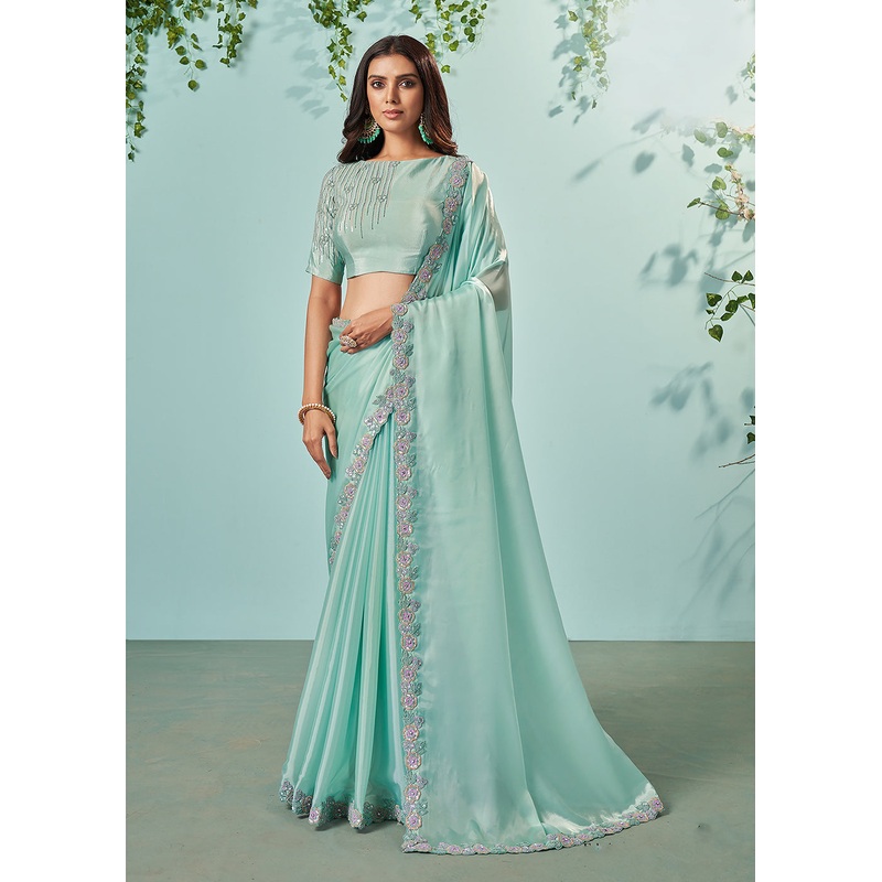 Blush Green Organza Silk Embroidered Designer Saree