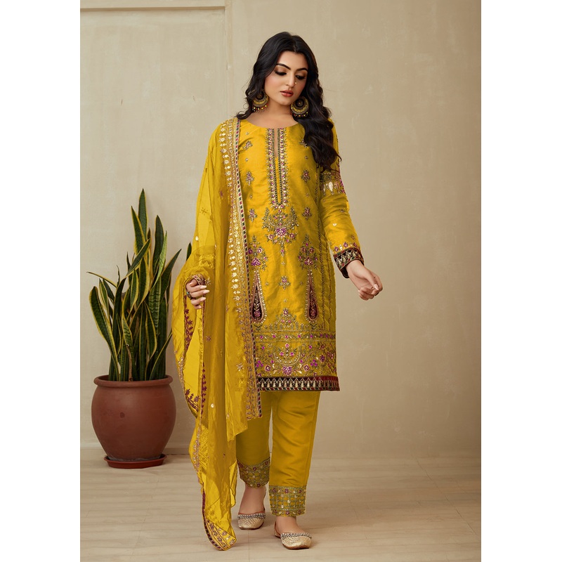 Bright Yellow Organza Embroidered Traditional Salwar Kameez