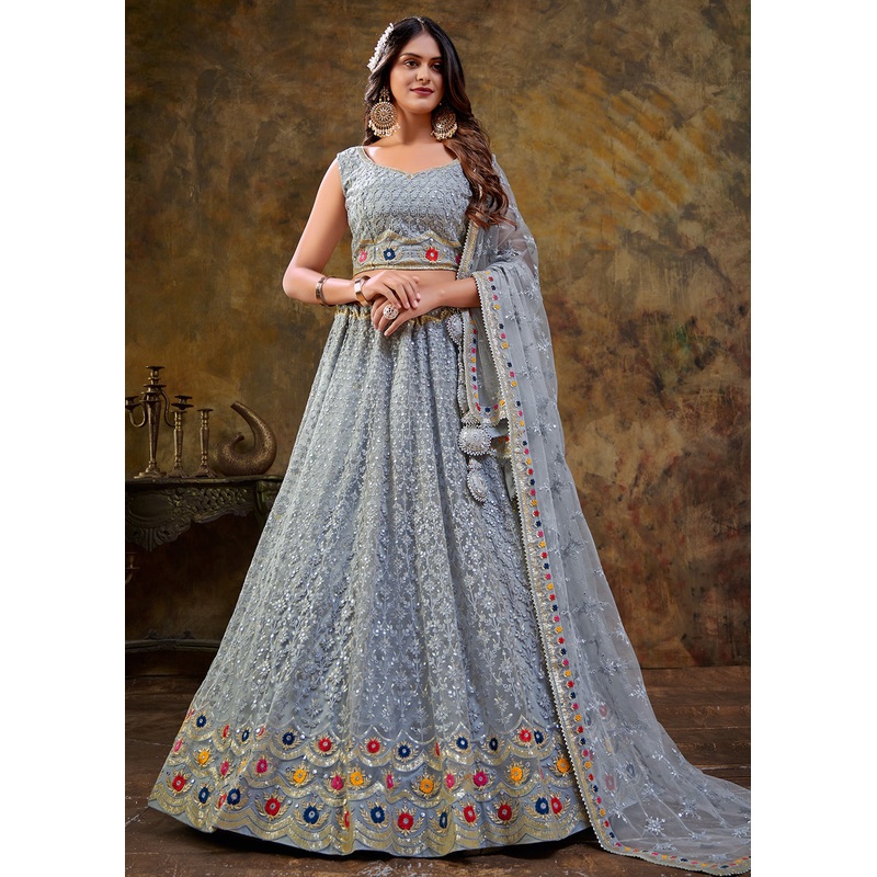 Carolina Blue Premium Net Sequins Wedding Lehenga Choli