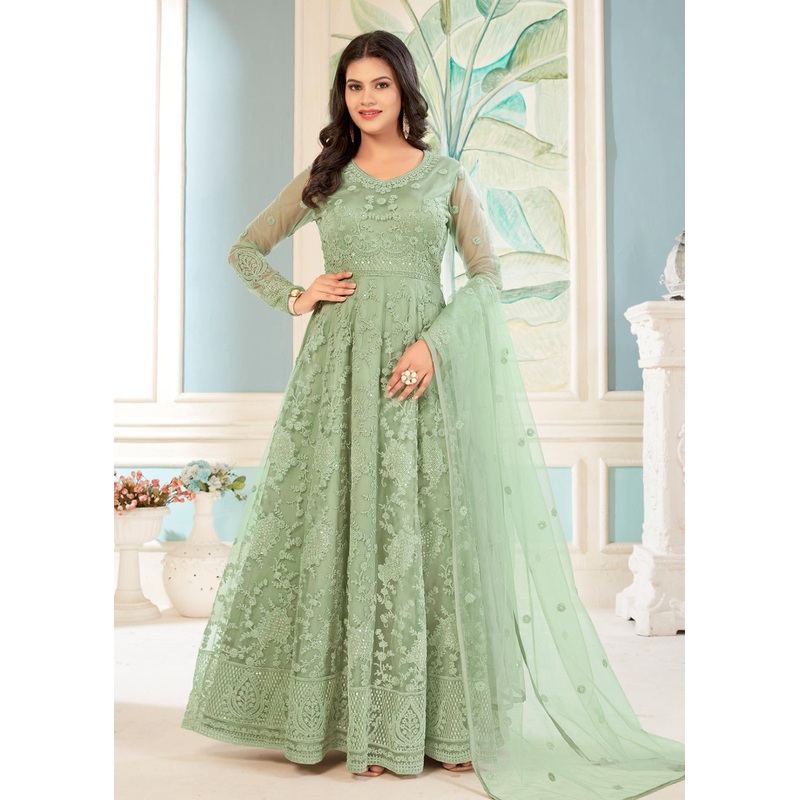 Charming Green Sequins Embroidered Wedding Wear Anarkali Suit