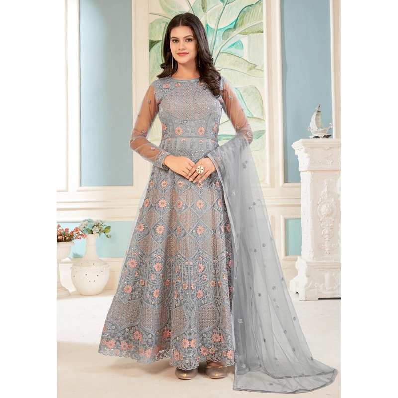 Charming Grey Floral Embroidered Wedding Wear Anarkali Suit