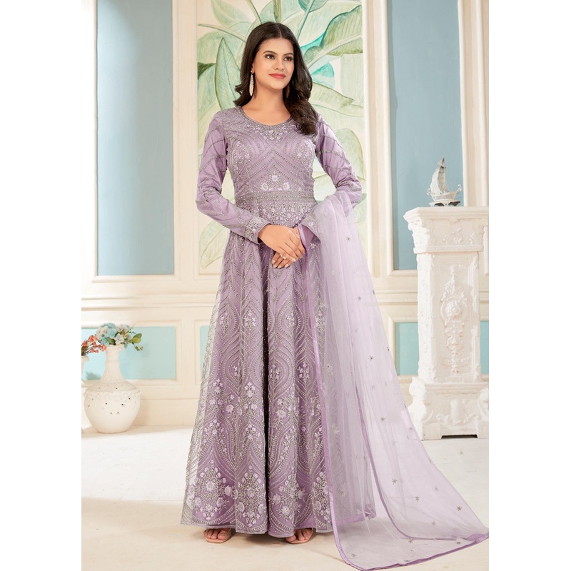 Charming Lavender Floral Embroidered Wedding Wear Anarkali Suit