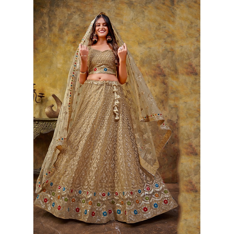 Chickoo Beige Premium Net Sequins Wedding Lehenga Choli