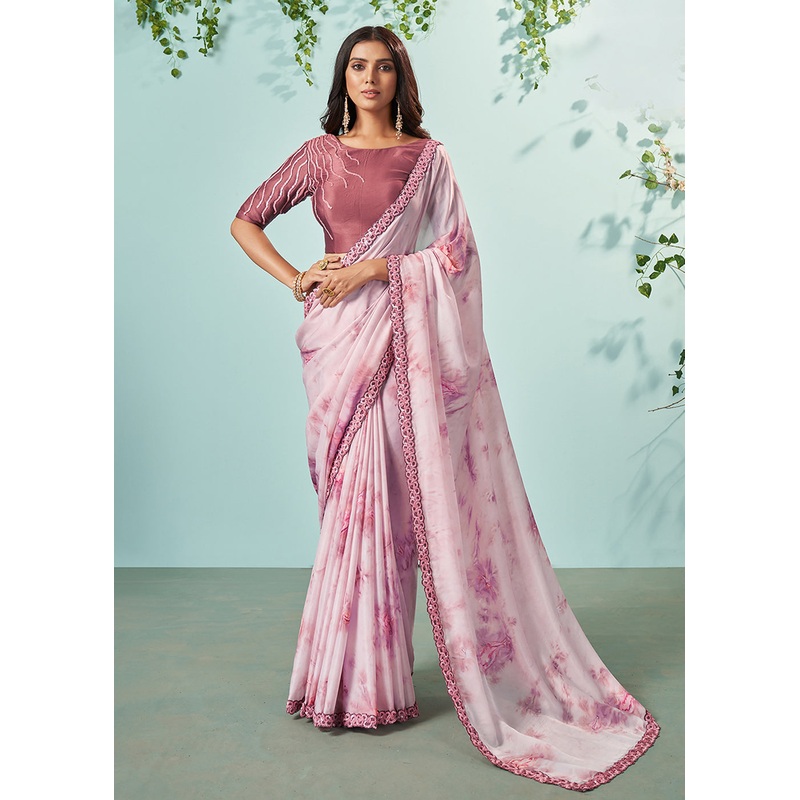 Chocolate Pink Crepe Silk Embroidered Designer Saree