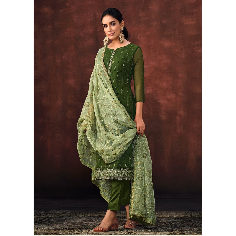 Dark Green Shimmer Organza Embroidered Wedding Salwar Suit
