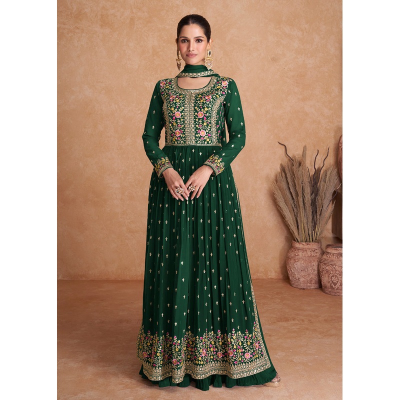 Dark Green Wedding Long Top Georgette Palazzo Suit