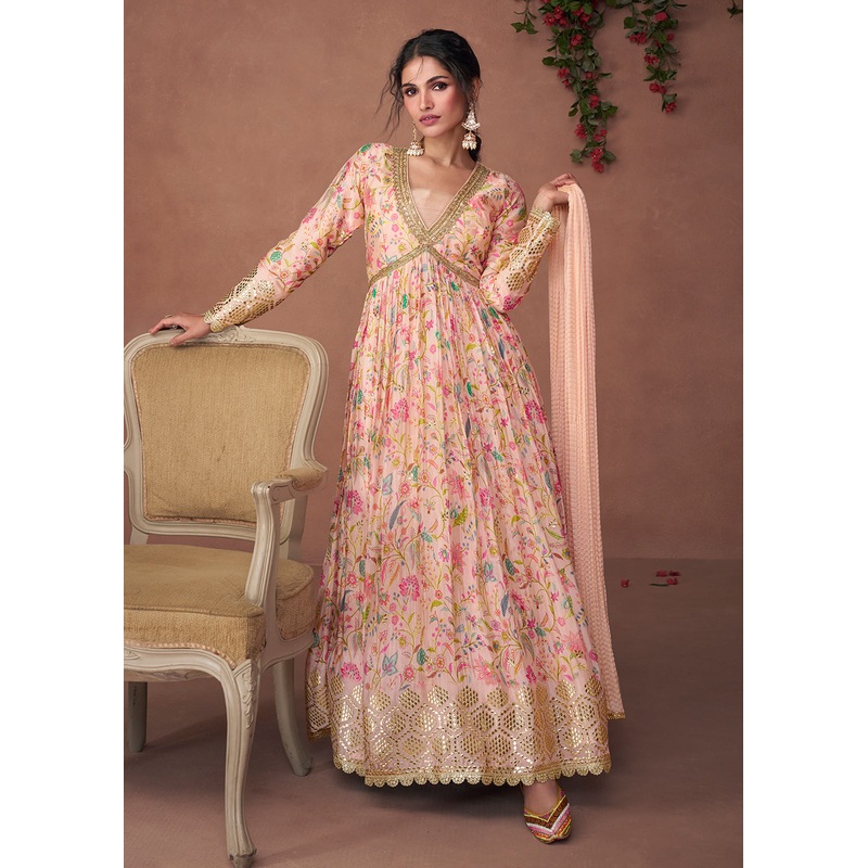 Digital Printed Blush Peach Organza Silk Designer Anarkali Gown