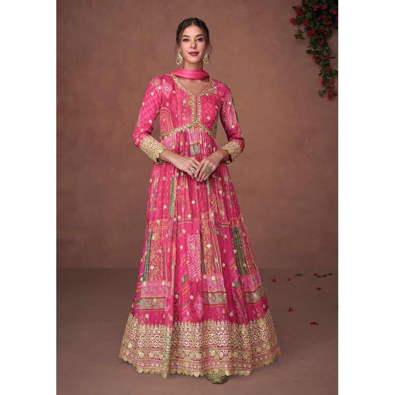 Digital Printed Fuchsia Pink Organza Silk Designer Anarkali Gown