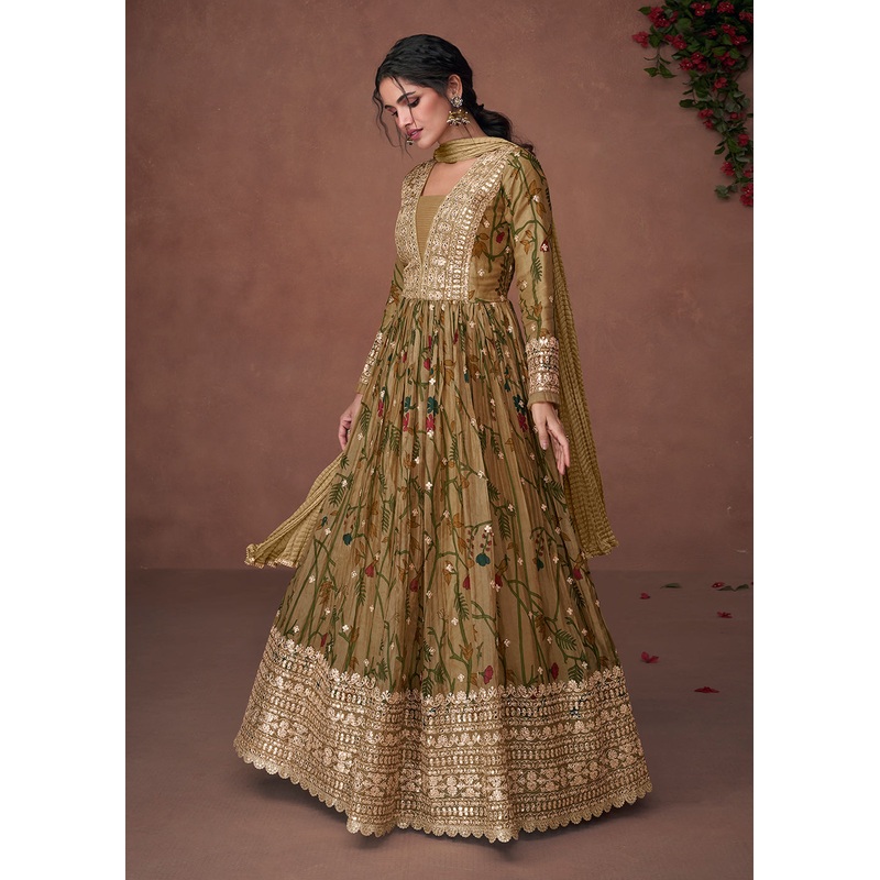 Digital Printed Mehndi Green Organza Silk Designer Anarkali Gown