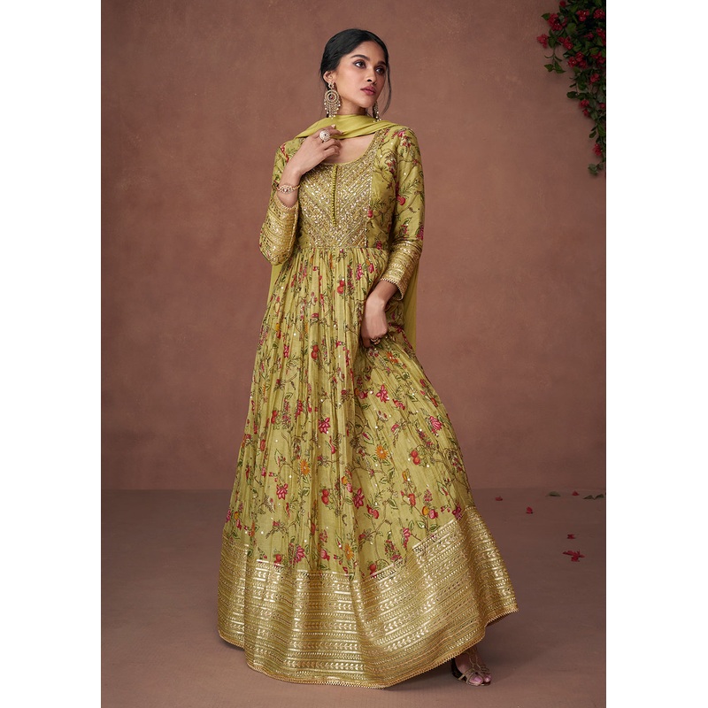 Digital Printed Olive Green Organza Silk Designer Anarkali Gown