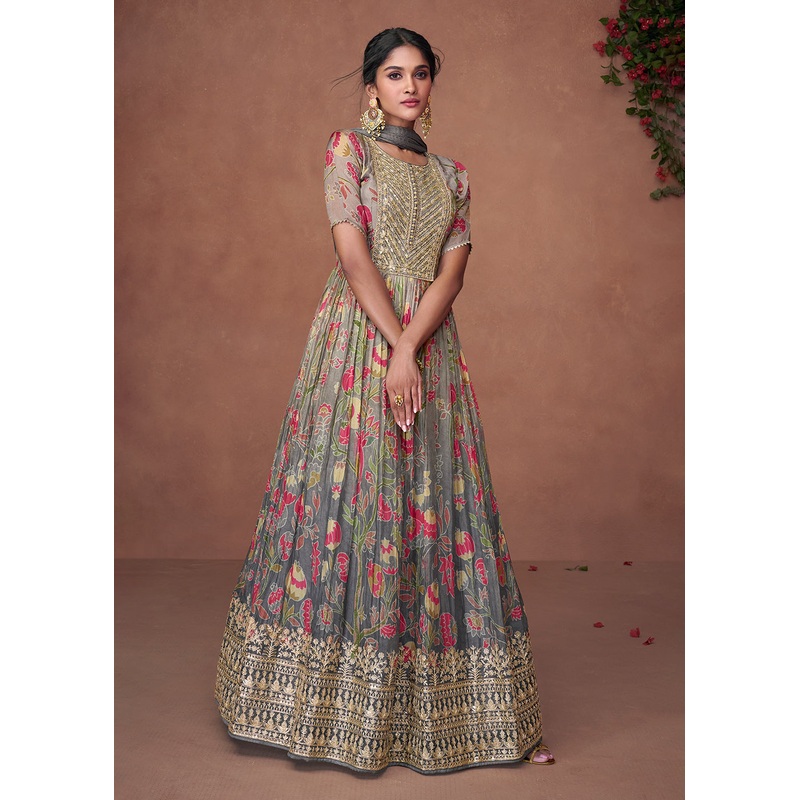 Digital Printed Ombre Grey Organza Silk Designer Anarkali Gown