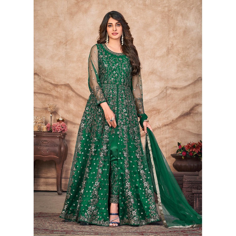 Emerald Green Net Embroidered Pant Style Anarkali Suit