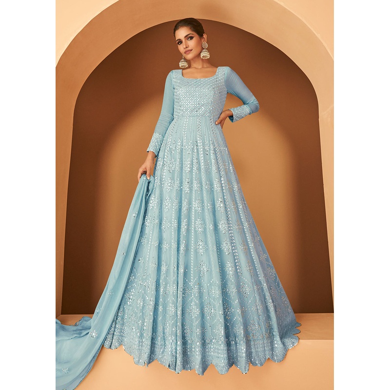 Georgette Aqua Blue Embroidered Designer Wedding Gown