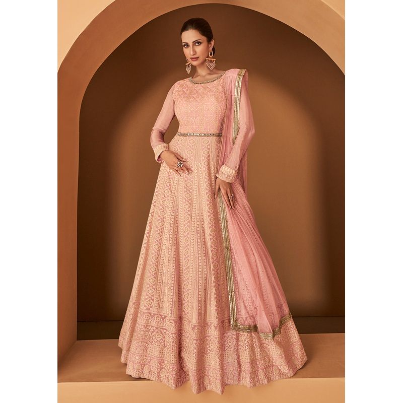 Georgette Pretty Peach Embroidered Designer Wedding Gown