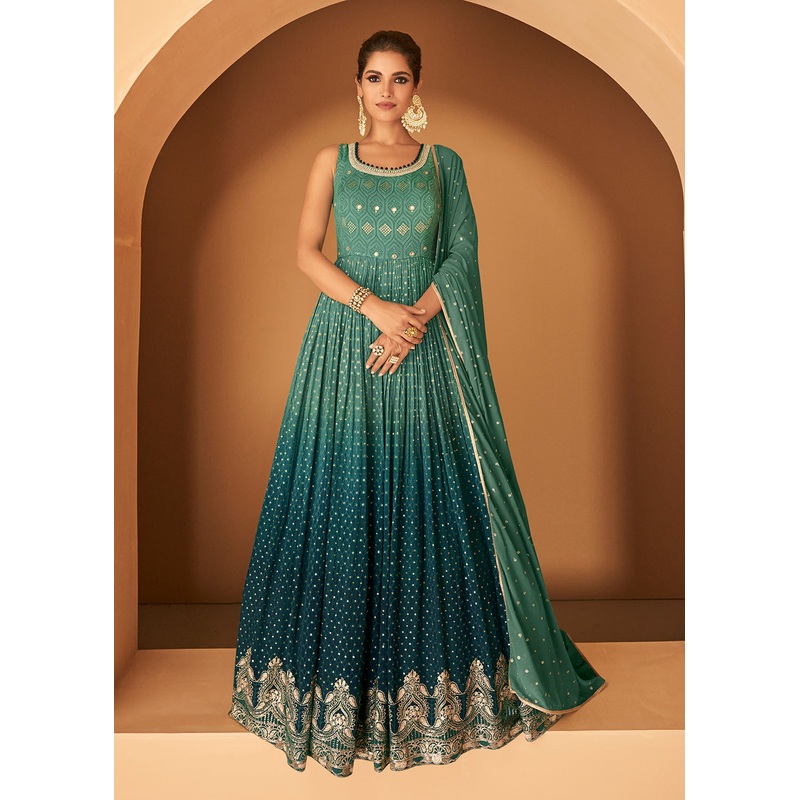Georgette Rama Green Embroidered Designer Wedding Gown