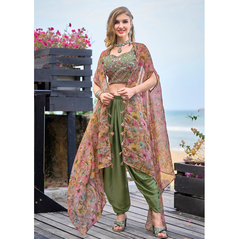 Green Satin Silk Embroidered Dhoti Style Crop Top Suit