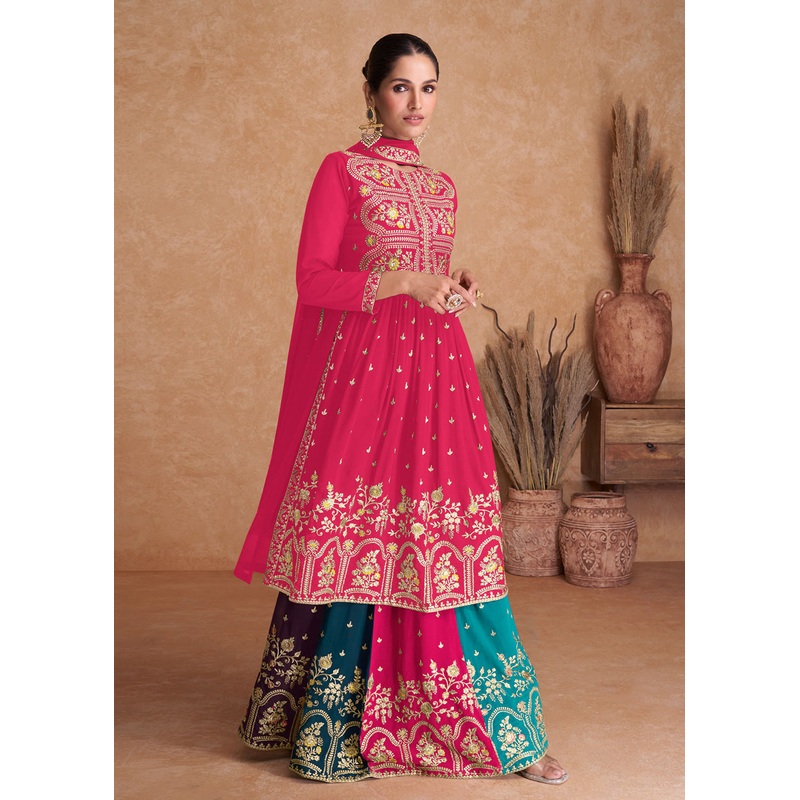 Hot Pink Wedding Embroidered Multicolor Palazzo Suit