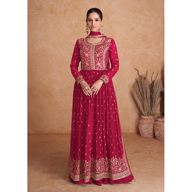 Hot Pink Wedding Long Top Georgette Palazzo Suit