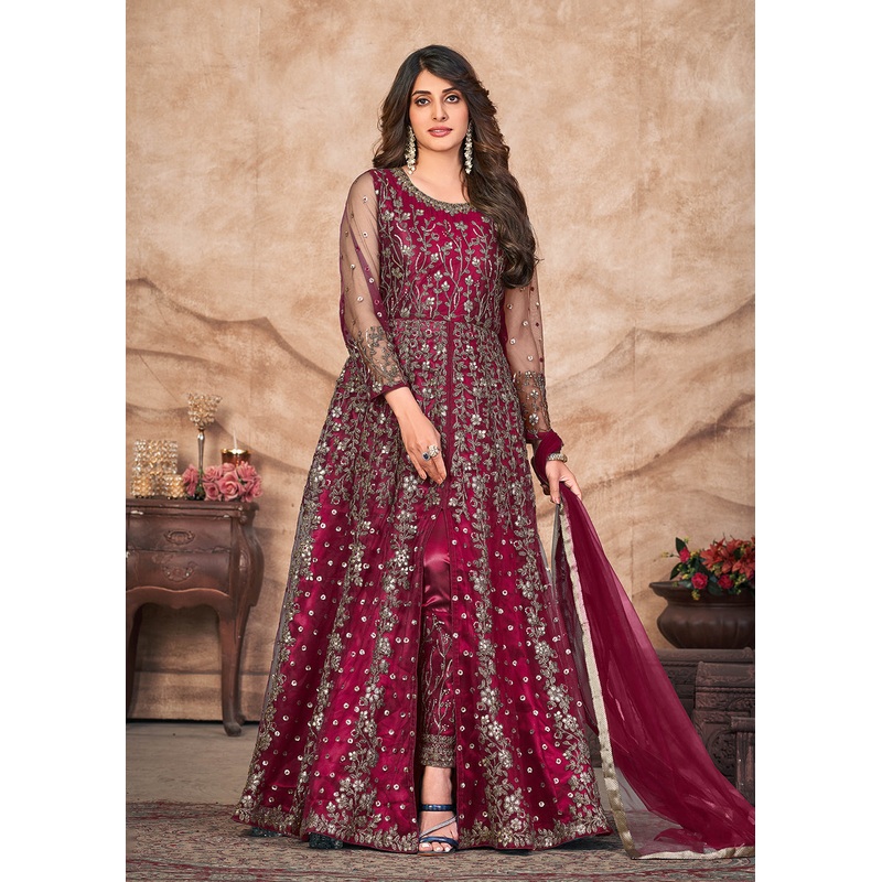 Maroon Net Embroidered Pant Style Anarkali Suit