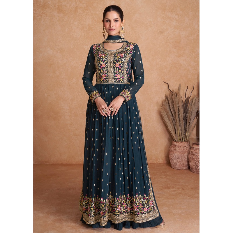 Midnight Blue Wedding Long Top Georgette Palazzo Suit