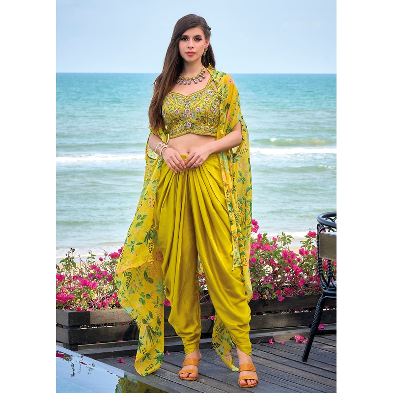 Mustard Satin Silk Embroidered Dhoti Style Crop Top Suit