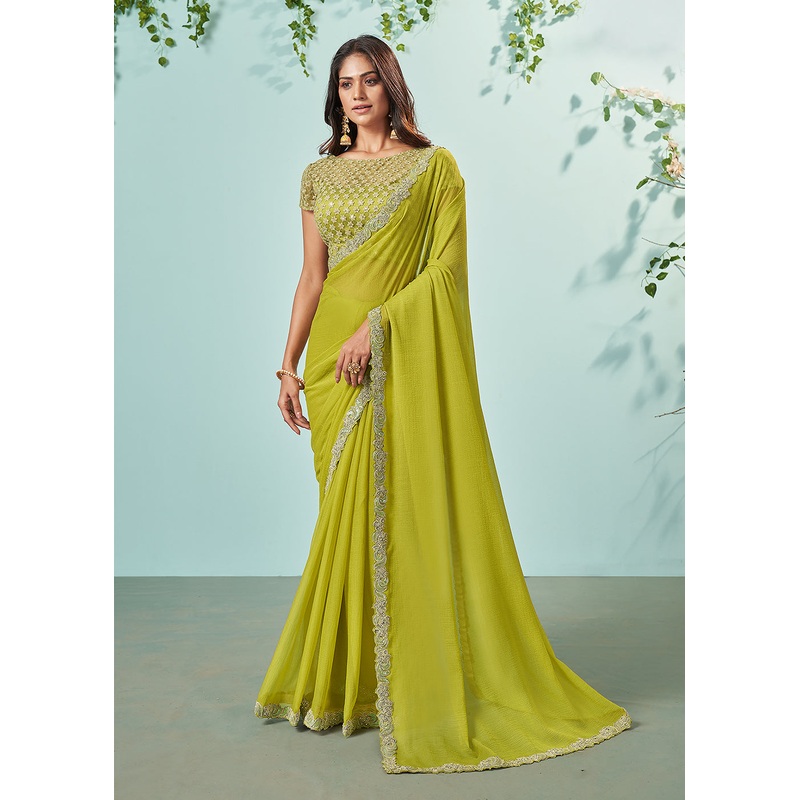 Mustard Yellow Barberie Chiffon Embroidered Designer Saree