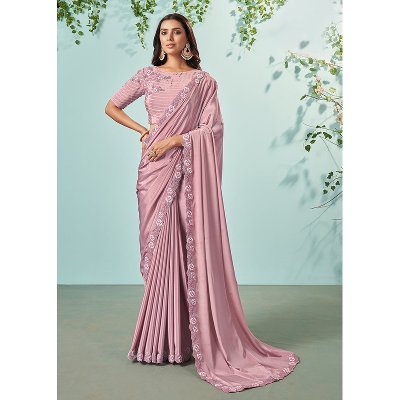 Onion Pink Silk Crepe Embroidered Designer Saree