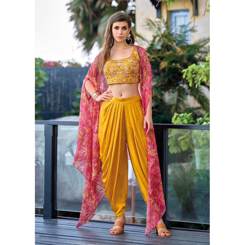 Orange Satin Silk Embroidered Dhoti Style Crop Top Suit