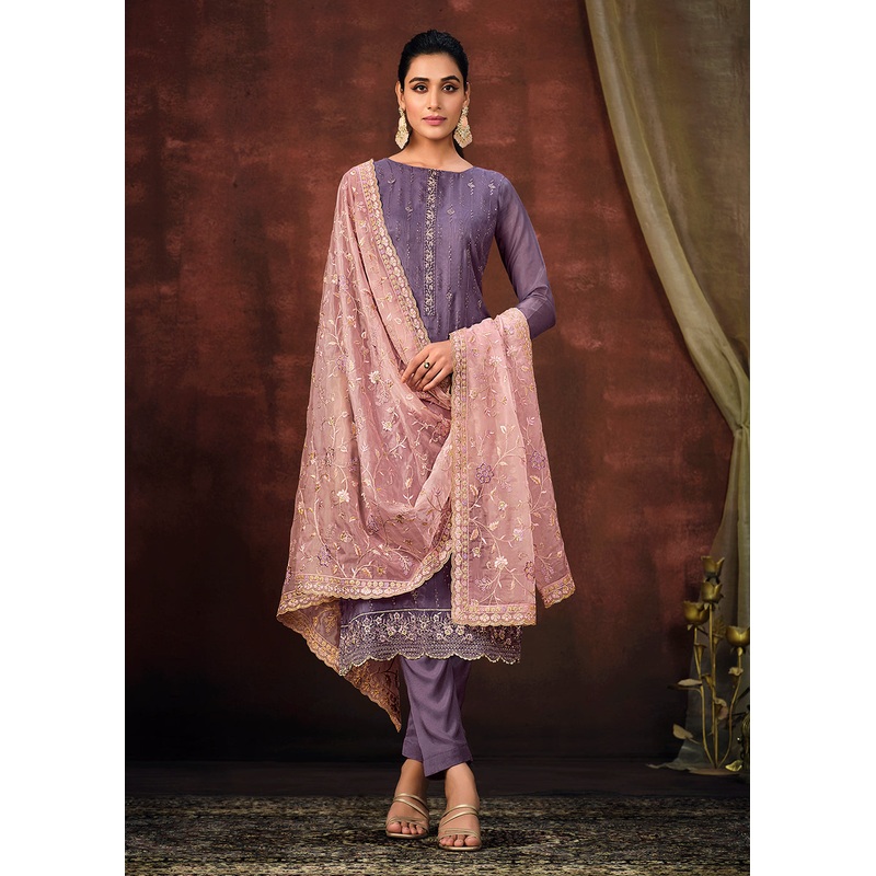 Pale Purple Shimmer Organza Embroidered Wedding Salwar Suit