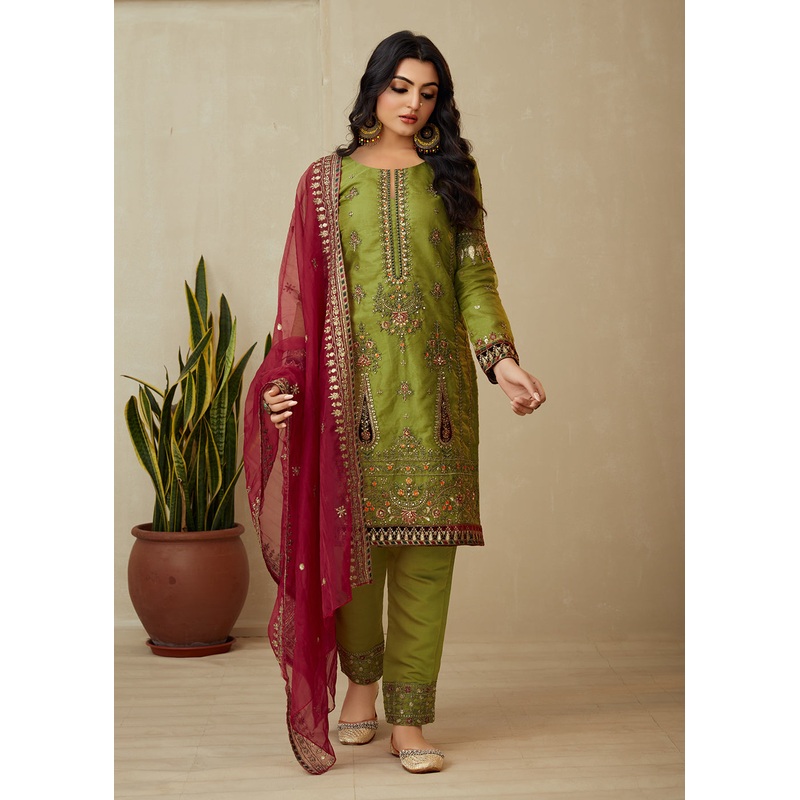 Parrot Green Organza Embroidered Traditional Salwar Kameez