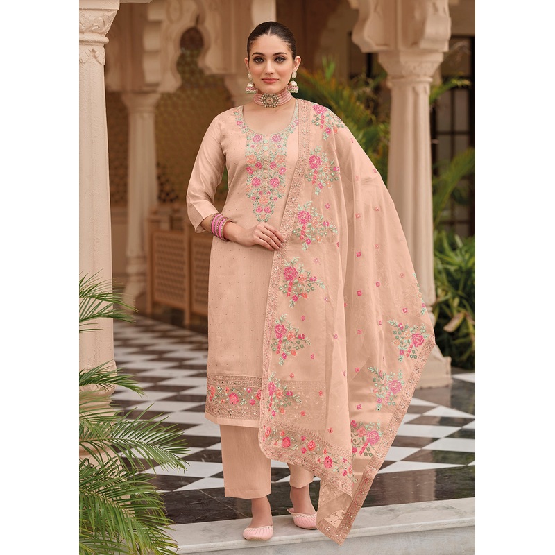 Peach Maheshwari Silk Embroidered Festive Salwar Suit