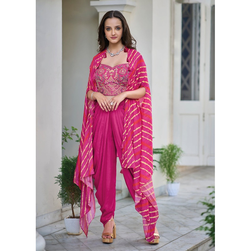 Pink Satin Silk Embroidered Dhoti Style Crop Top Suit