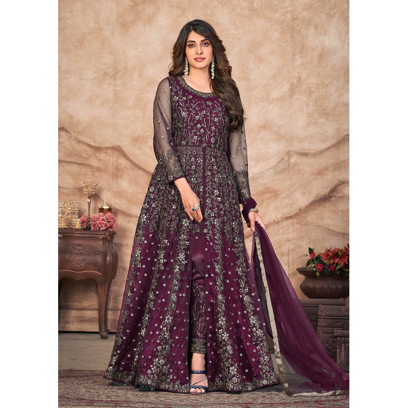 Plum Wine Net Embroidered Pant Style Anarkali Suit