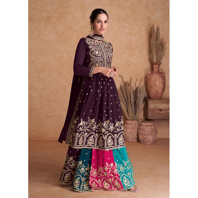 Plum Wine Wedding Embroidered Multicolor Palazzo Suit