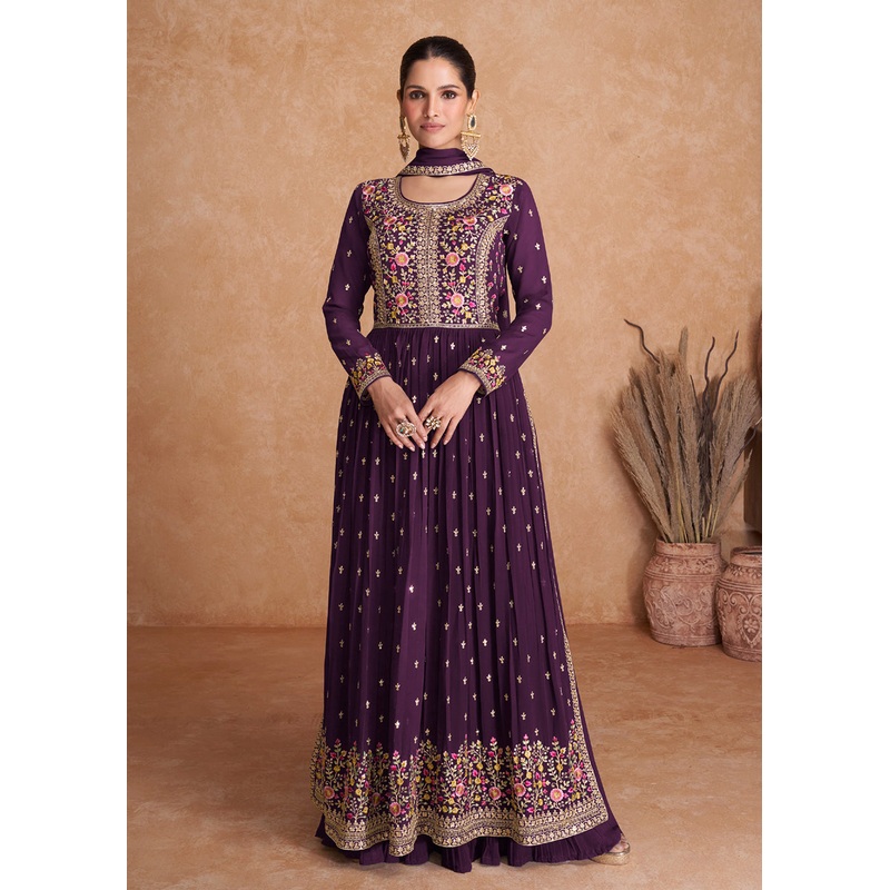 Plum Wine Wedding Long Top Georgette Palazzo Suit