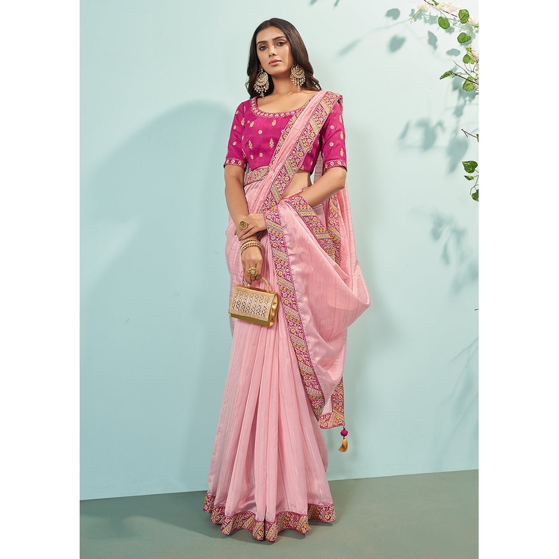 Pretty Pink Organza Embroidered Designer Saree