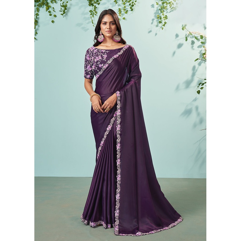 Pretty Wine Silk Crepe Embroidered Designer Saree