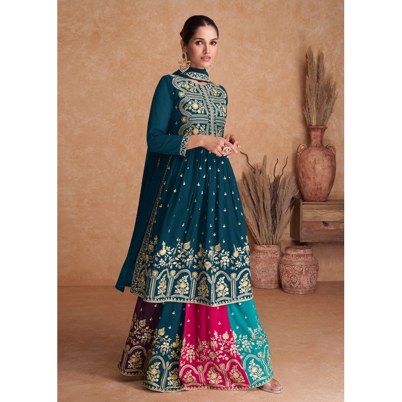Prussian Blue Wedding Embroidered Multicolor Palazzo Suit