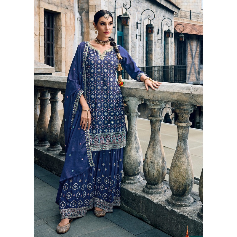 Punjabi Style Blue Embroidered Designer Palazzo Suit