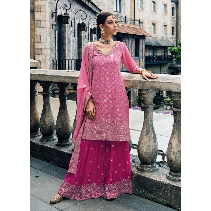 Punjabi Style Pink Embroidered Designer Palazzo Suit