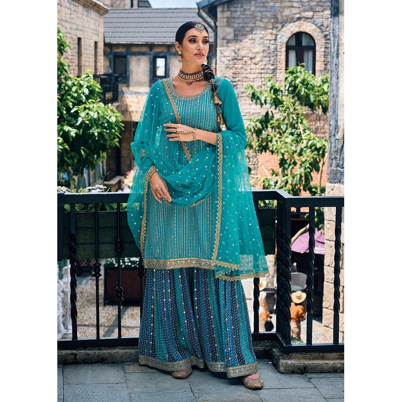 Punjabi Style Turquoise Embroidered Designer Palazzo Suit