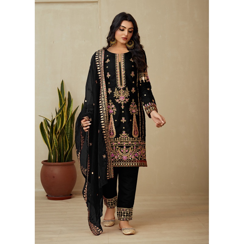 Pure Black Organza Embroidered Traditional Salwar Kameez