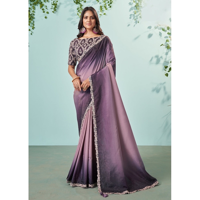 Purple Crepe Silk Embroidered Designer Saree