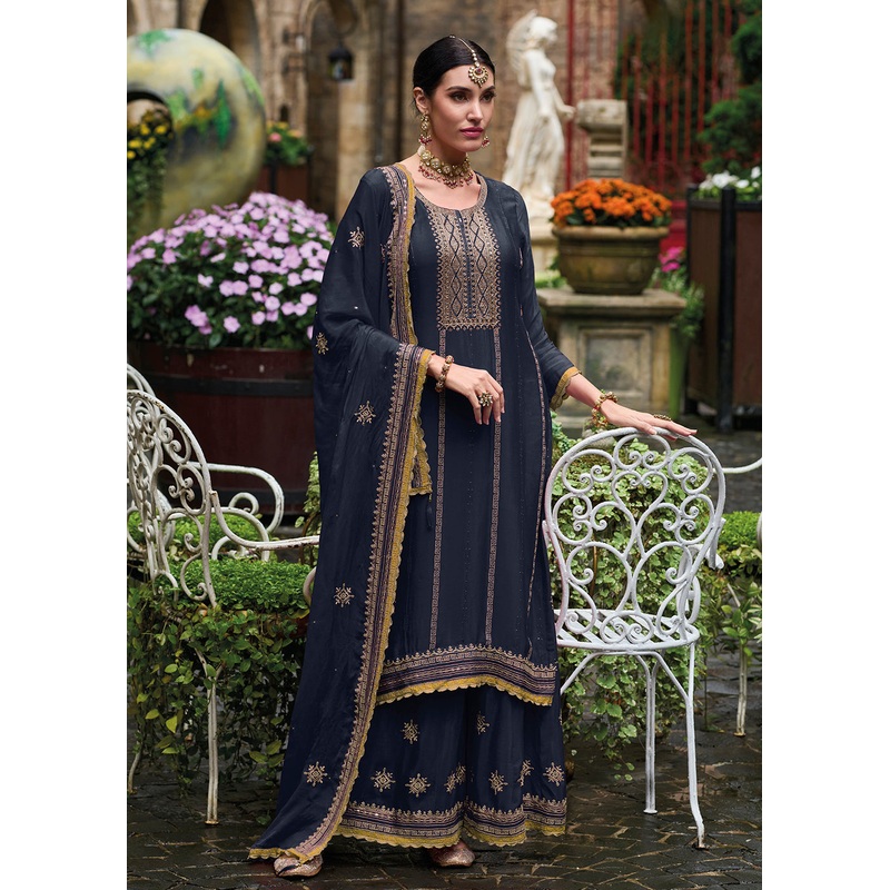 Resham & Sequins Blue Chinnon Party Wear Palazzo Suit
