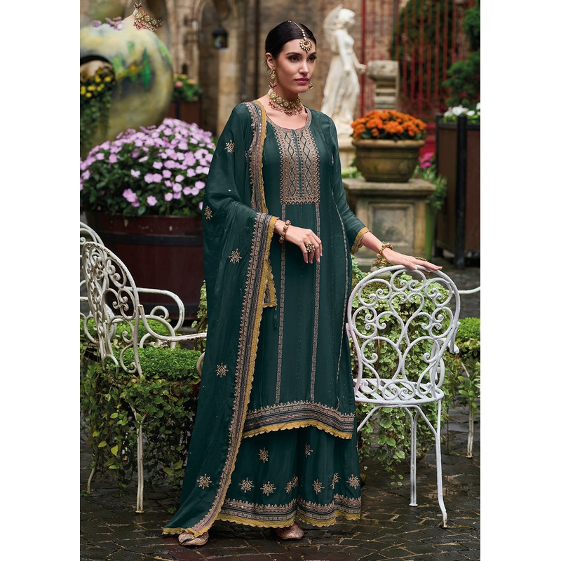 Resham & Sequins Green Chinnon Party Wear Palazzo Suit